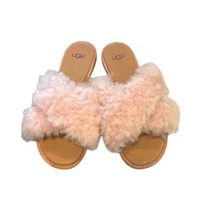 UGG Joni Flat Shearling Slide Sandals Pink Fur X Strap Slip On Womens Size 6